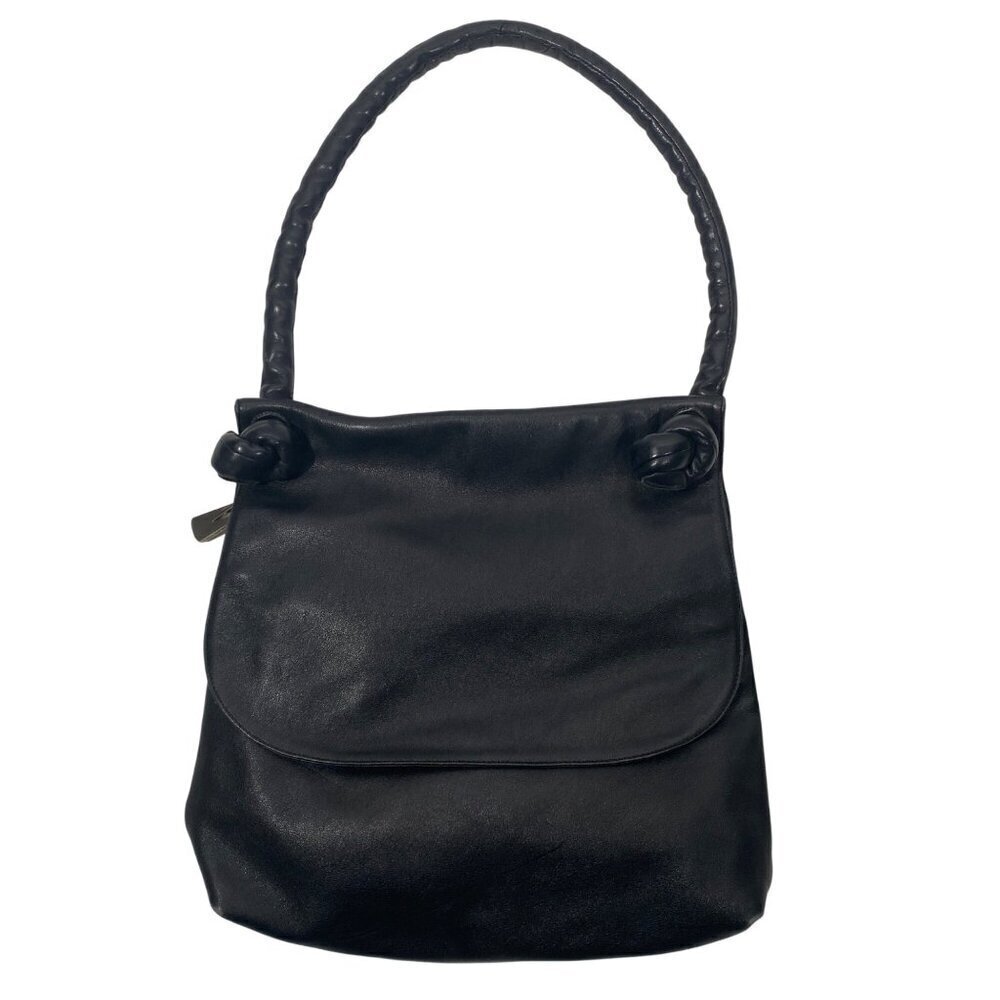 Liza Ganz Black Leather minimalist shoulder bag Knotted Strap & Zipper Closure
